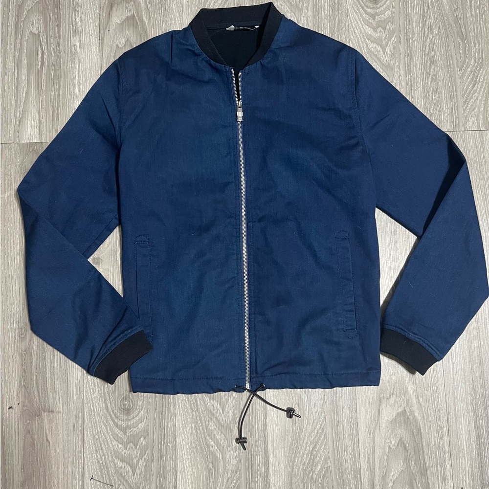 Zara Man Denim Navy Blue Bomber Jacket Zip Front Men’s Large
